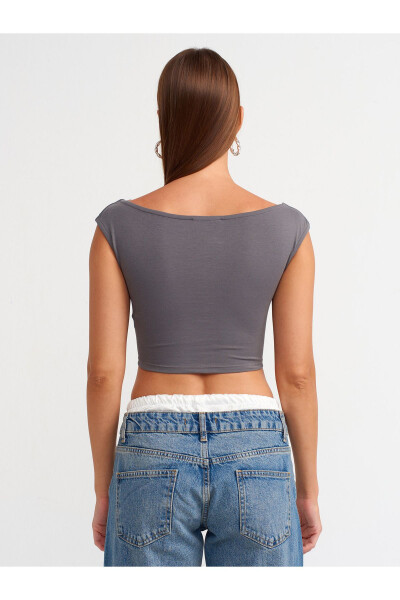 20869 Kayık Yaka Crop Top-Füme - Füme - 2