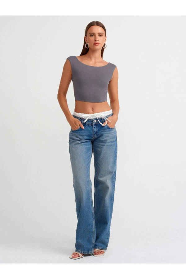 20869 Kayık Yaka Crop Top-Füme - Füme - 3