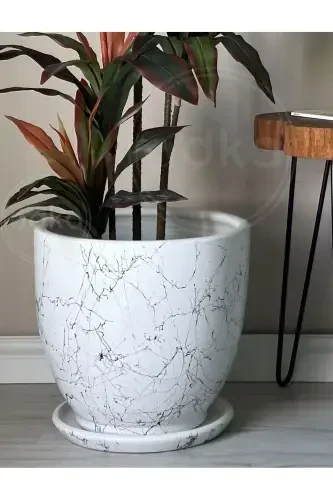 20liter Classic Pot with Saucer 30cmx30cm Mia White Black Marble Patterned-White Marble Patterned - 3