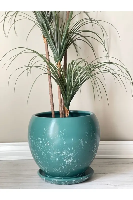 20liter Sphere Pot with Saucer 27cmx27cm Emerald Green Color Marble Patterned-Emerald Marble Patterned - 1
