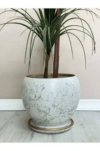 20liter Sphere Pot with Saucer 27cmx27cm White Gold Marble Patterned-White - 1