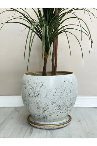 20litre Küre Saksı Tabaklı 27cmx27cm Beyaz Gold Mermer Desenli - Beyaz-Gold Mermer Desenli - 1
