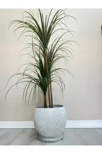 20litre Küre Saksı Tabaklı 27cmx27cm Beyaz Gümüş Mermer Desenli-Beyaz - 1