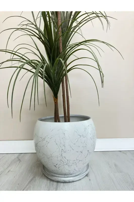 20litre Küre Saksı Tabaklı 27cmx27cm Beyaz Gümüş Mermer Desenli-Beyaz - 2