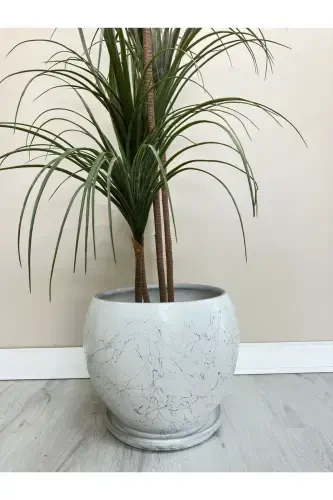 20litre Sphere Pot with Saucer 27cmx27cm White Silver Marble Patterned-White - odka (1)