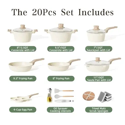 20Pcs Pots and Pans Set Non Stick, Kitchen Nonstick Cookware Sets, White Granite Induction Cookware Non Toxic Cooking Set w/Frying Pans, Saucepans, 4 Cup Pan, PFOS & PFOA Free - 2