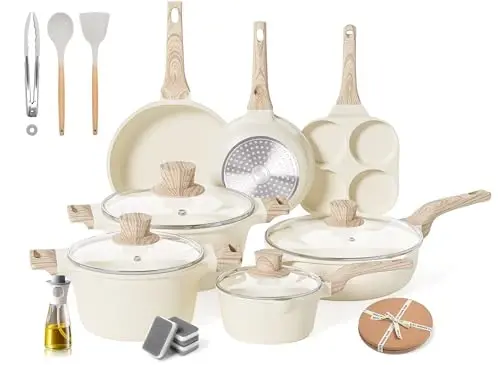 20Pcs Pots and Pans Set Non Stick, Kitchen Nonstick Cookware Sets, White Granite Induction Cookware Non Toxic Cooking Set w/Frying Pans, Saucepans, 4 Cup Pan, PFOS & PFOA Free 