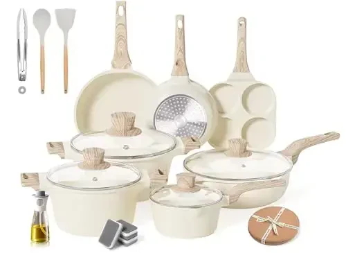 20Pcs Pots and Pans Set Non Stick, Kitchen Nonstick Cookware Sets, White Granite Induction Cookware Non Toxic Cooking Set w/Frying Pans, Saucepans, 4 Cup Pan, PFOS & PFOA Free - CAANNASWEIS