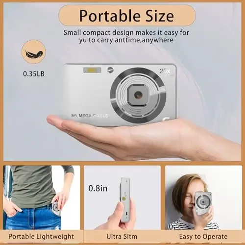 56MP FHD Digital Camera with 20X Digital Zoom & Autofocus, Anti-Shake Point and Shoot Camera for Kids Adults Beginners, Includes 32GB SD Card, Portable Compact for Travel - 6