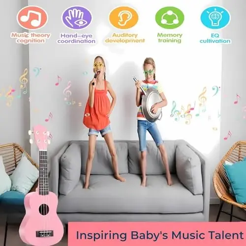 21 Inch Carbon Fibre Kids Toddler Child Children Acoustic Guitar Ukulele Musical Instruments Ideal for 3-9 Year Old Boys Girls Gifts (Pink) - 2