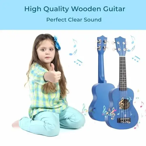 21 Inch Wooden Kids Toddler Child Children Acoustic Guitar Musical Instruments Ideal for 3-9 Year Old Boys Girls Gifts (Blue) - 3