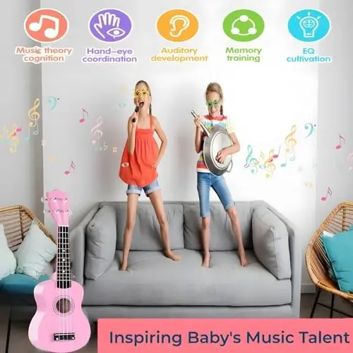 21 Inch Wooden Kids Toddler Child Children Acoustic Guitar Musical Instruments Ideal for 3-9 Year Old Boys Girls Gifts (Pink) - 2