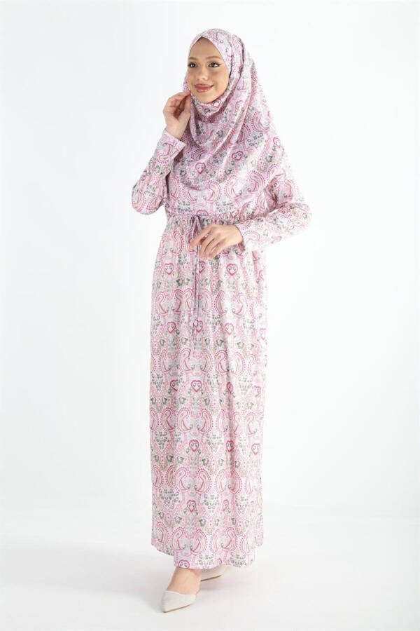 2105 One-Piece Headscarf and Drawstring Patterned Prayer Dress - 1