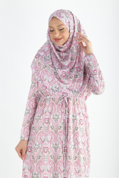 2105 One-Piece Headscarf and Drawstring Patterned Prayer Dress - 2