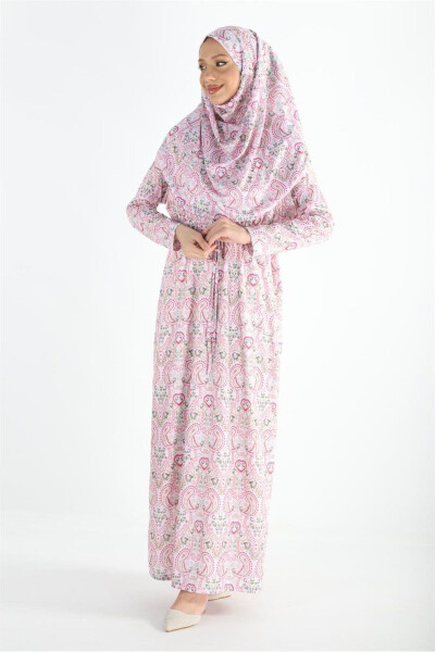 2105 One-Piece Headscarf and Drawstring Patterned Prayer Dress - 3