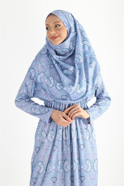 2105 Single Piece Veiled Shirred Patterned Prayer Modest Dress - 2