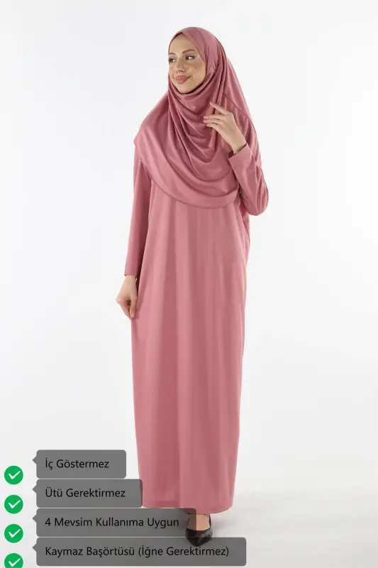 2133_Tek Parça Kaymaz Boshörtülü Namoz Tesettür Libosi Bone Son-00433 Gul Kurusu - 2