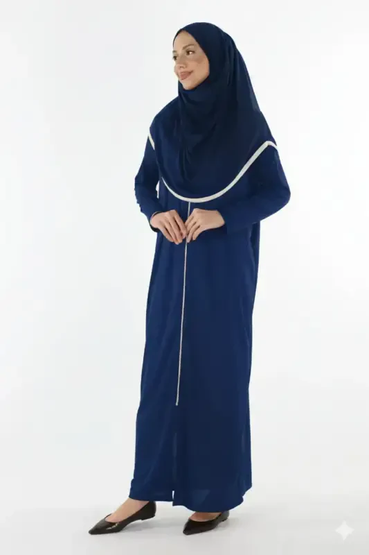 2199_ One Piece Non-Slip Headscarf and Zippered Modest Prayer Dress No More Bone Wearing Ferace-00400 Navy Blue - 1