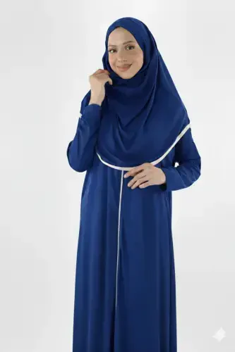 2199_ One Piece Non-Slip Headscarf and Zippered Modest Prayer Dress No More Bone Wearing Ferace-00400 Navy Blue - 2