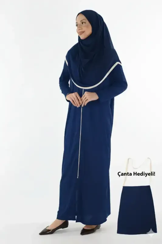 2199_ One Piece Non-Slip Headscarf and Zippered Modest Prayer Dress No More Bone Wearing Ferace-00400 Navy Blue - 3