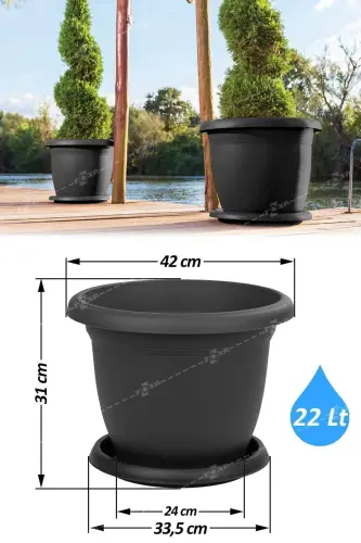 22 Litre Ø42x31cm Tabaklı Mat Plastik Büyük Boy Yuvarlak Saksı Villa No9 Antrasit Gri - 22L - 2