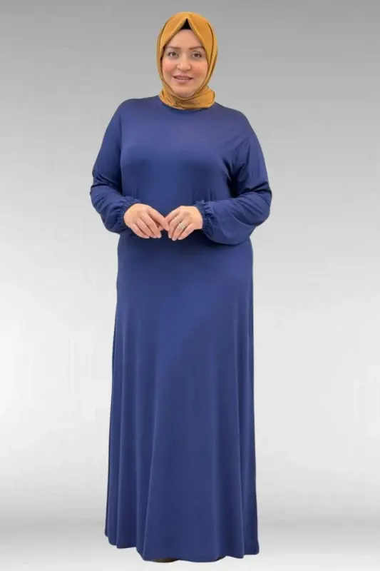 22008 Plus Size Elastic Cuffed Cotton Dress - Indigo - BÜYÜKBEDENIZ