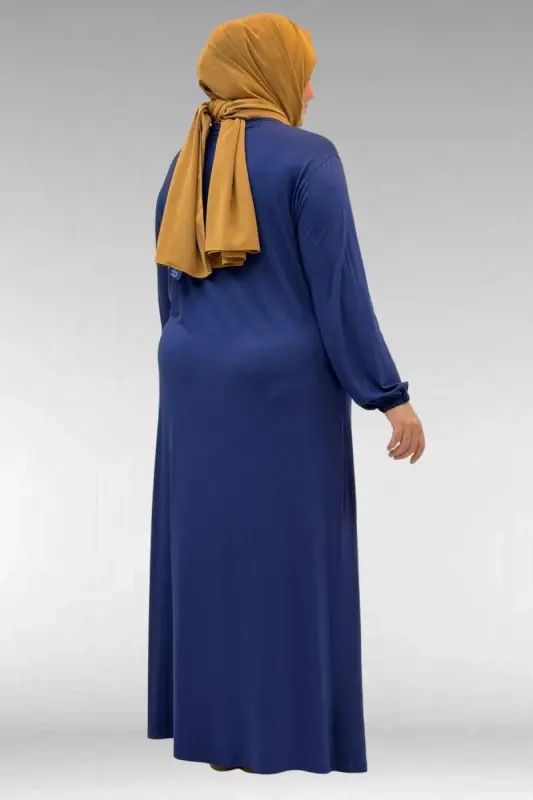 22008 Plus Size Elastic Cuffed Cotton Dress - Indigo - 3