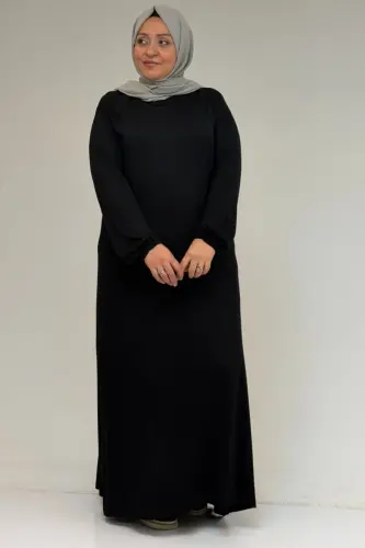 22008 Plus Size Elastic Sleeve Combed Cotton Dress - Black - 1