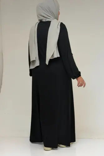 22008 Plus Size Elastic Sleeve Combed Cotton Dress - Black - 3