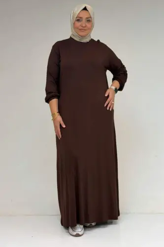 22008 Plus Size Elastic Sleeve Combed Cotton Dress - Brown - 1