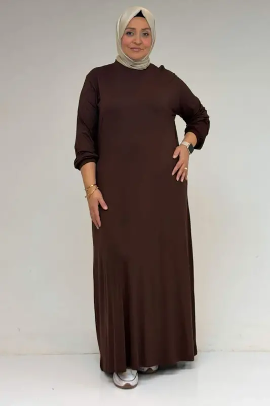 22008 Plus Size Elastic Sleeve Combed Cotton Dress - Brown - BÜYÜKBEDENIZ