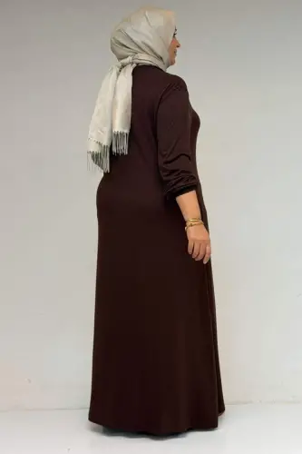 22008 Plus Size Elastic Sleeve Combed Cotton Dress - Brown - 3