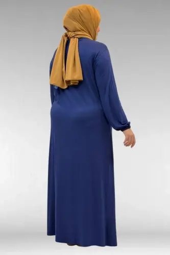 22008 Plus Size Elastic Sleeved Combed Cotton Dress - Indigo - 3