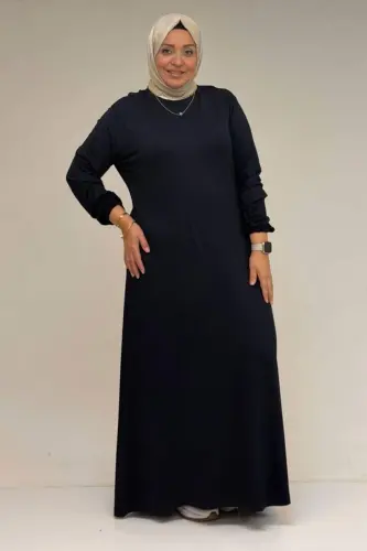 22008 Plus Size Elastic Sleeved Cotton Dress - Black - 1