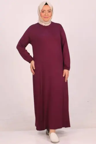 22008 Plus Size Elastic Sleeved Jersey Dress - Plum - 1