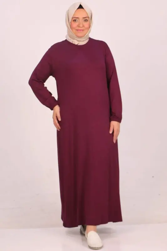 22008 Plus Size Elastic Sleeved Jersey Dress - Plum - 1