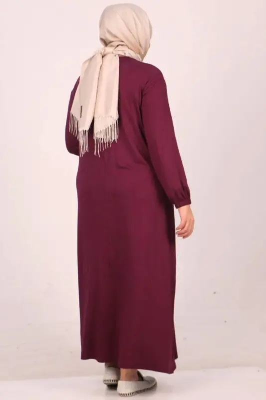 22008 Plus Size Elastic Sleeved Jersey Dress - Plum - 3