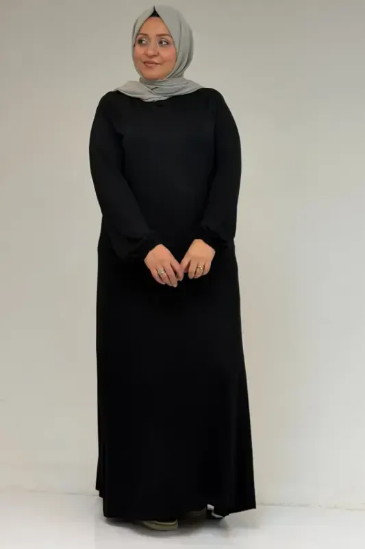 22008 Plus Size Knitted Dress with Elasticated Sleeves - Black - 1