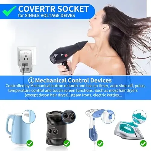 220V to 110V Converter, DOACE 2000W Travel Voltage Converter for Hair Dryer Straightener Curling Iron, 10A Power Adapter with 2 USB and EU/UK/AU/US Plugs for Charging Laptop Tablet Camera Cell Phone - 5