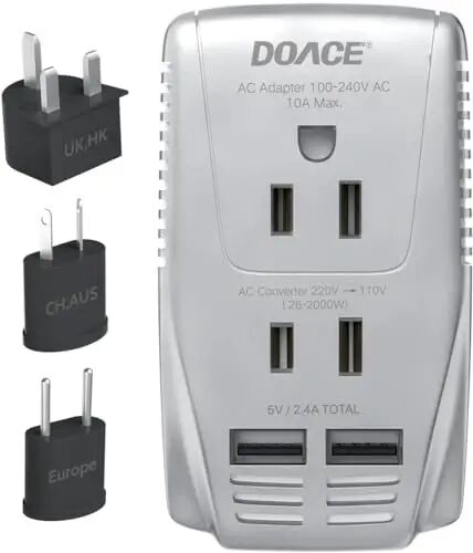 220V to 110V Converter, DOACE 2000W Travel Voltage Converter for Hair Dryer Straightener Curling Iron, 10A Power Adapter with 2 USB and EU/UK/AU/US Plugs for Charging Laptop Tablet Camera Cell Phone 
