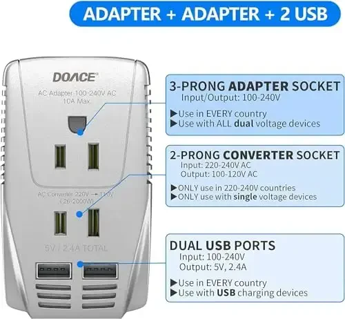 220V dan 110V gacha konvertor, DOACE 2000W sochlarini fen mashinasi tekislovchi kıvırma ütüğü uchun sayohat kuchlanish konvertori, noutbuk planshet kamera uyali telefonni zaryadlash uchun 2 USB va EU/UK/AU/US vilkalari bilan 10A quvvat adapteri - DOACE (1)