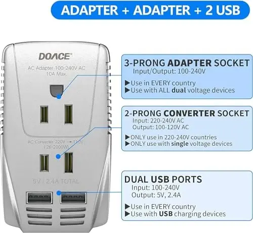 220V dan 110V gacha konvertor, DOACE 2000W sochlarini fen mashinasi tekislovchi kıvırma ütüğü uchun sayohat kuchlanish konvertori, noutbuk planshet kamera uyali telefonni zaryadlash uchun 2 USB va EU/UK/AU/US vilkalari bilan 10A quvvat adapteri - 2