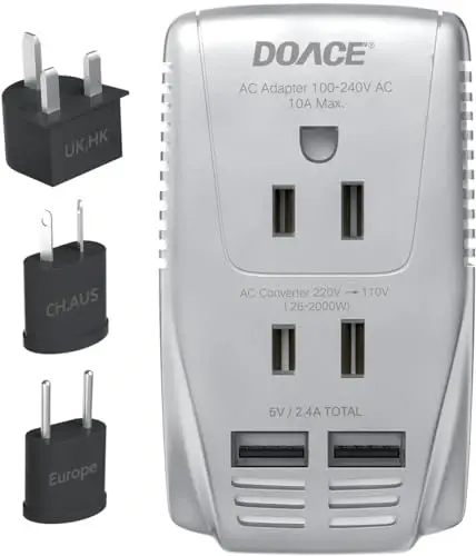 220V to 110V Converter, DOACE 2000W Travel Voltage Converter for Hair Dryer Straightener Curling Iron, 10A Power Adapter with 2 USB and EU/UK/AU/US Plugs for Charging Laptop Tablet Camera Cell Phone 