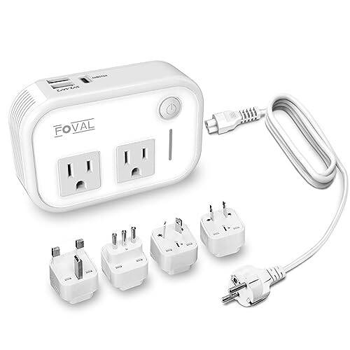 220V to 110V Converter Travel Adapter, FOVAL International Step Down Power Converter for Hair Straightener/Curler with 18W USB-C Port Voltage Converter US to Europe Italy UK AU China Plug (White) - 1