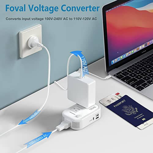 220V to 110V Converter Travel Adapter, FOVAL International Step Down Power Converter for Hair Straightener/Curler with 18W USB-C Port Voltage Converter US to Europe Italy UK AU China Plug (White) - 2