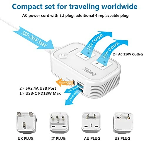 220V to 110V Converter Travel Adapter, FOVAL International Step Down Power Converter for Hair Straightener/Curler with 18W USB-C Port Voltage Converter US to Europe Italy UK AU China Plug (White) - 3