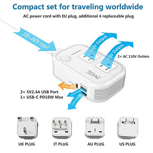 220V to 110V Converter Travel Adapter, FOVAL International Step Down Power Converter for Hair Straightener/Curler with 18W USB-C Port Voltage Converter US to Europe Italy UK AU China Plug (White) - 3