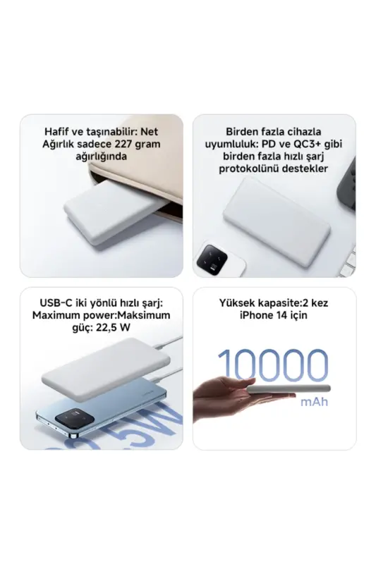 Taşınabilir Batarya 10000 Mah Hızlı Şarj 22,5W Powerbank Beyaz - 2