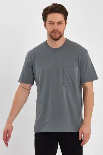 2271-2 24x1 Süprem Relax Kalıp Cepli Basic T-shirt-AHAKİ 