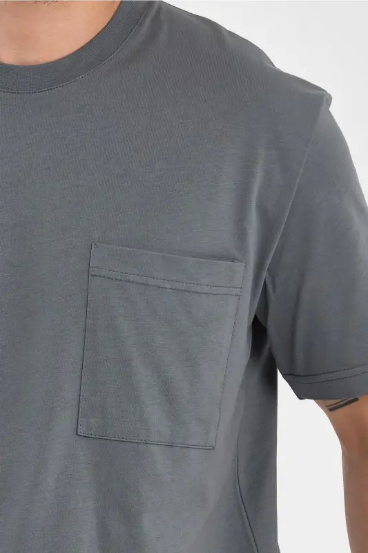 2271-2 24x1 Süprem Relax Kalıp Cepli Basic T-shirt-AHAKİ - 2